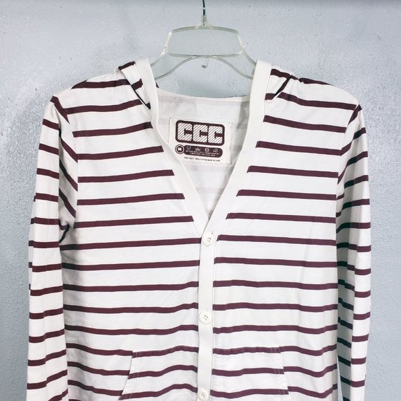 CCC Women's White Button Down Stripped Lightweight Sweater Coat Jacket Hoodie - Picture 2 of 11